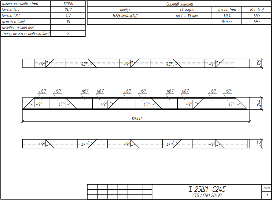 Пример чертежа раскроя металлопроката с размерами и спецификацией
